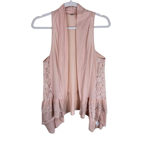 Umgee Tops - Umgee Light Pink Boho Lightweight Asymmetrical Hem Lace Ruffled Open Vest Size S
